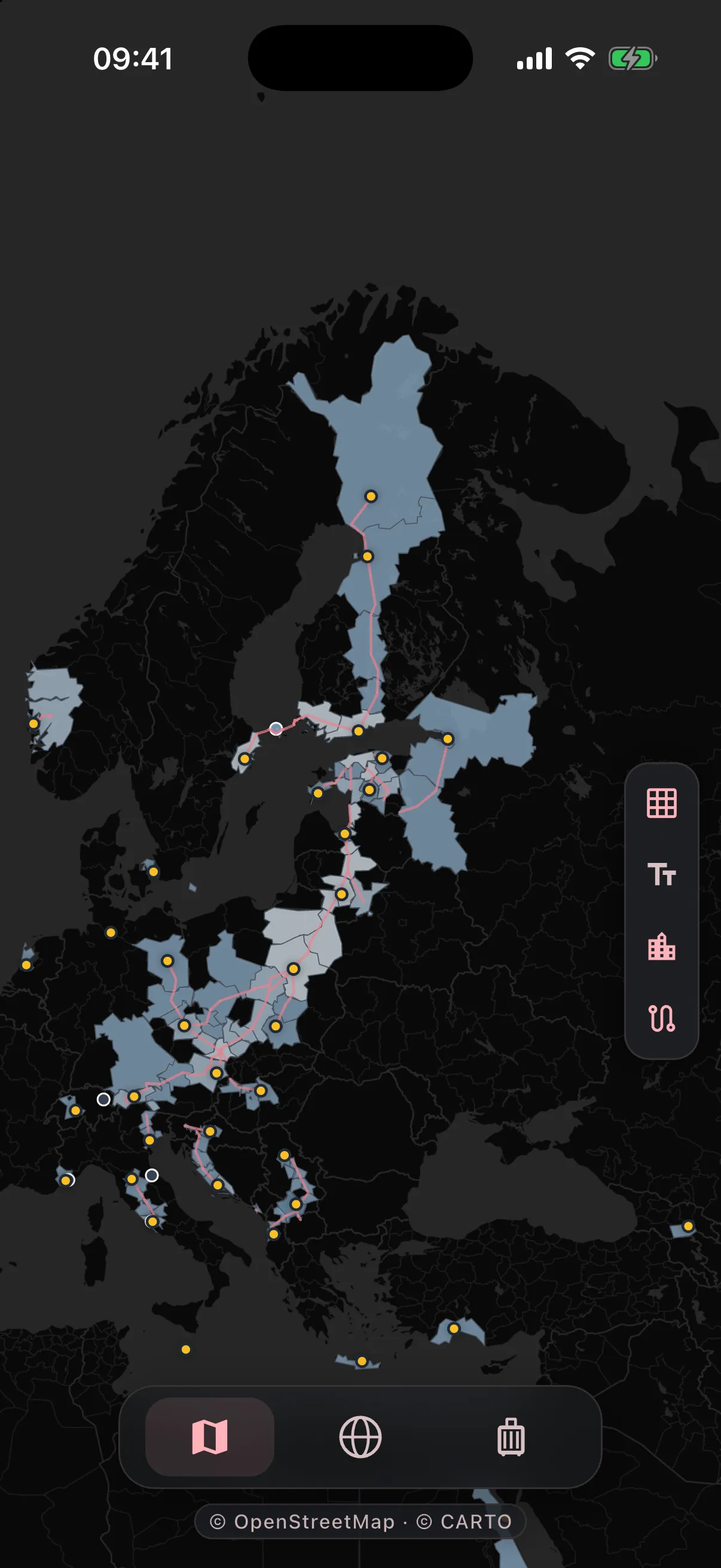 The same map on the phone a level down, shading only the states and provinces that were visited