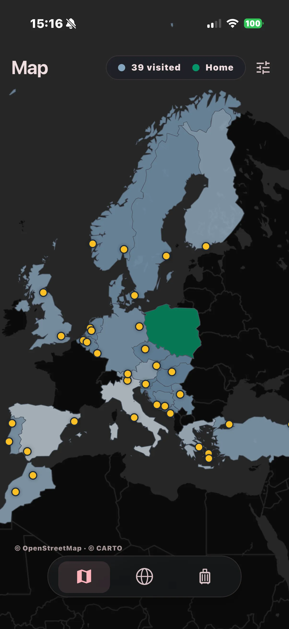 The map on the phone: 39 visited countries shaded, the home country distinct, cities marked