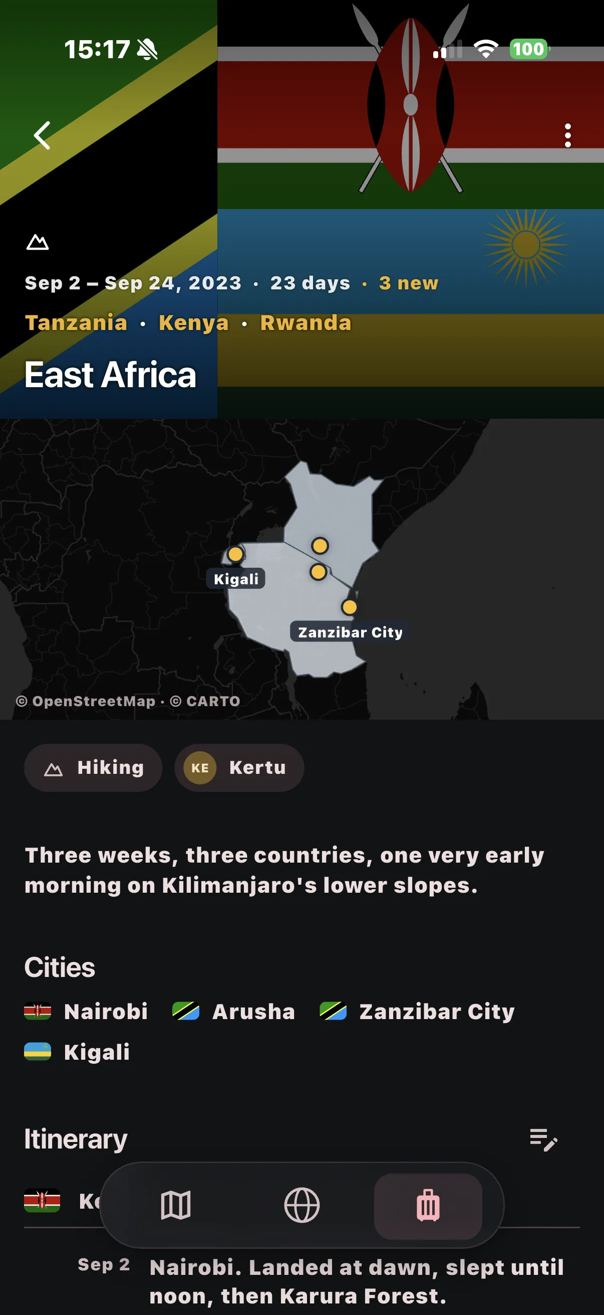 One trip on the phone: its route on a map, the cities visited, who came along, and the daily journal