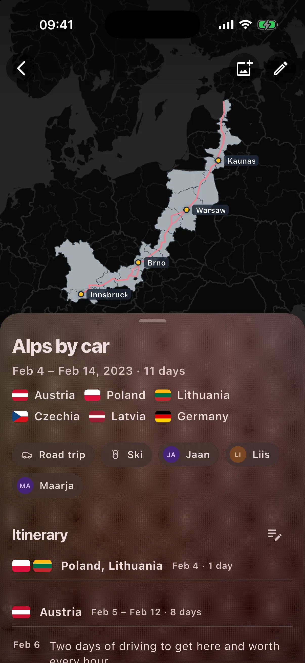 One trip on the phone: its route on a map, the cities visited, who came along, and the daily journal