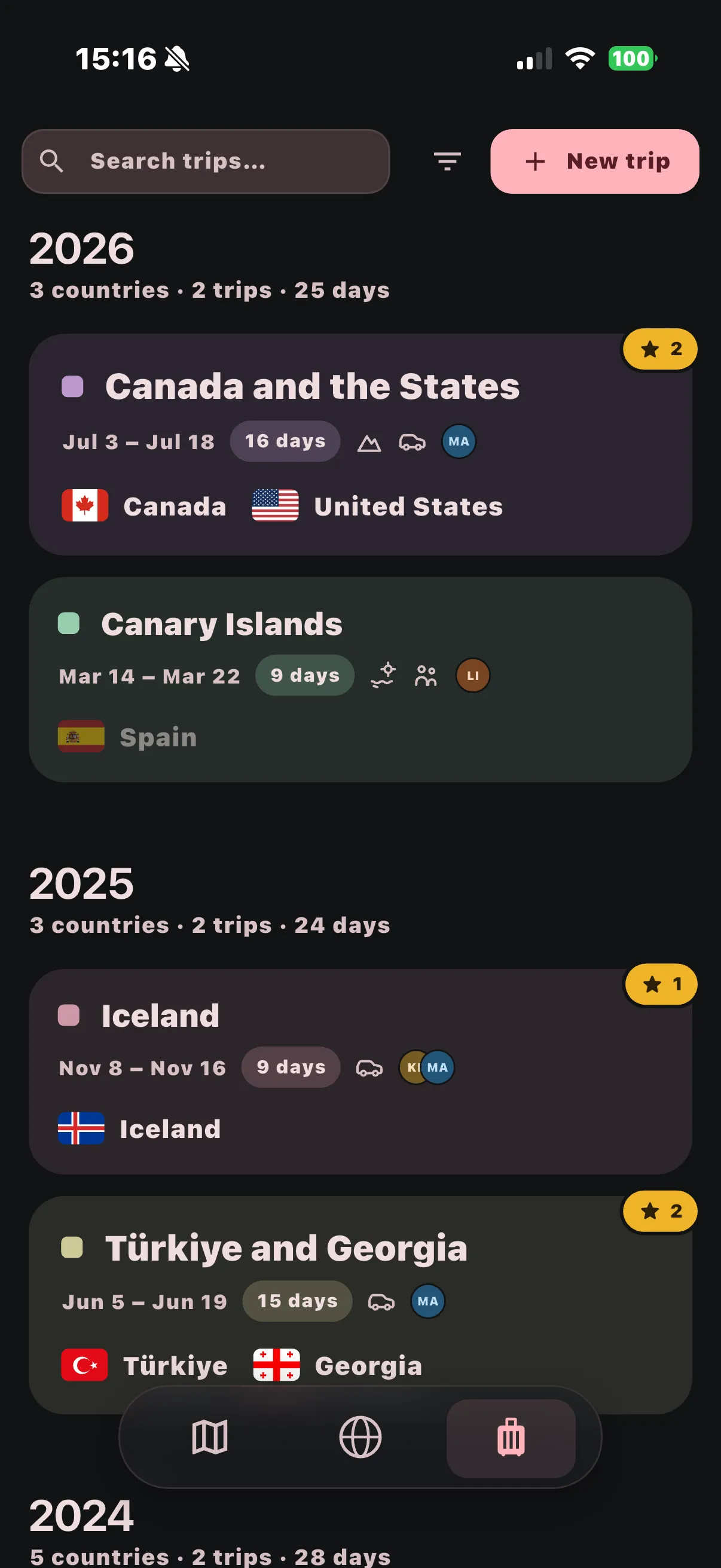 Trips grouped by year on the phone, each with its dates, countries and tags